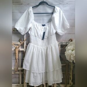 Lulus White Puff Sleeve Tiered Skater Mini Dress